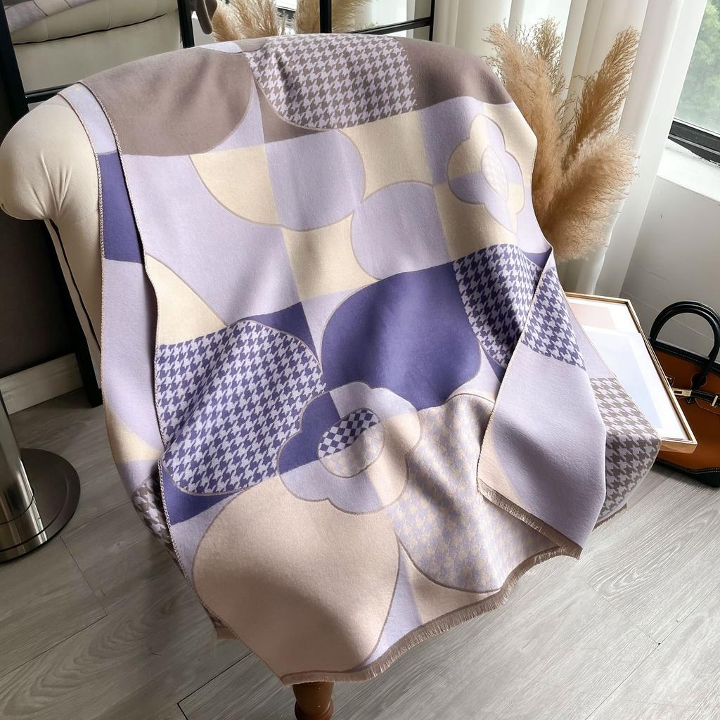 Korean Version Of Bird Grid Geometric Shape Splicing Flower Fashion Versatile Commuting Imitation Cashmere Warm Women'S Scarf