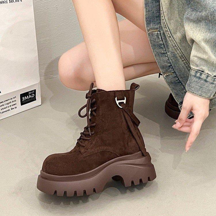 Side zipper short boots 2025 autumn new retro locomotive boots small thick sole heightening lace-up Martin boots women