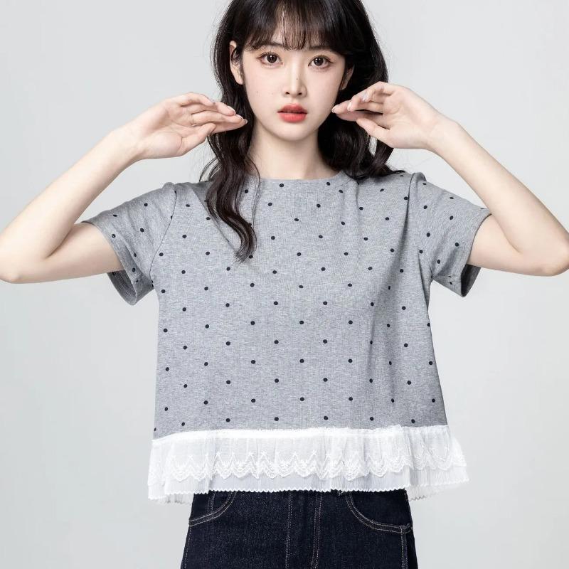 Women Polka Dot Lace Patchwork Short Sleeve T Shirt Casual Loose Top