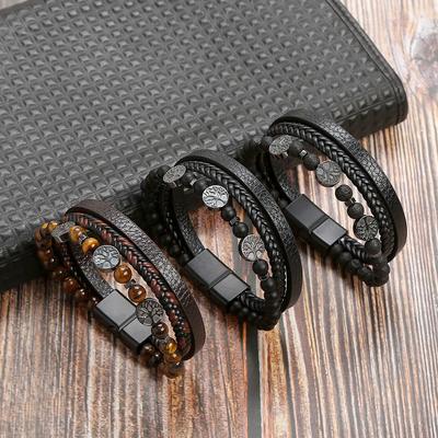 Punk Metall Dekoration Mehrschichtige Handgewebte Lederarmbänder Herren Tigerauge Perle Magnetverschluss Anhänger Armband Schmuck Geschenk