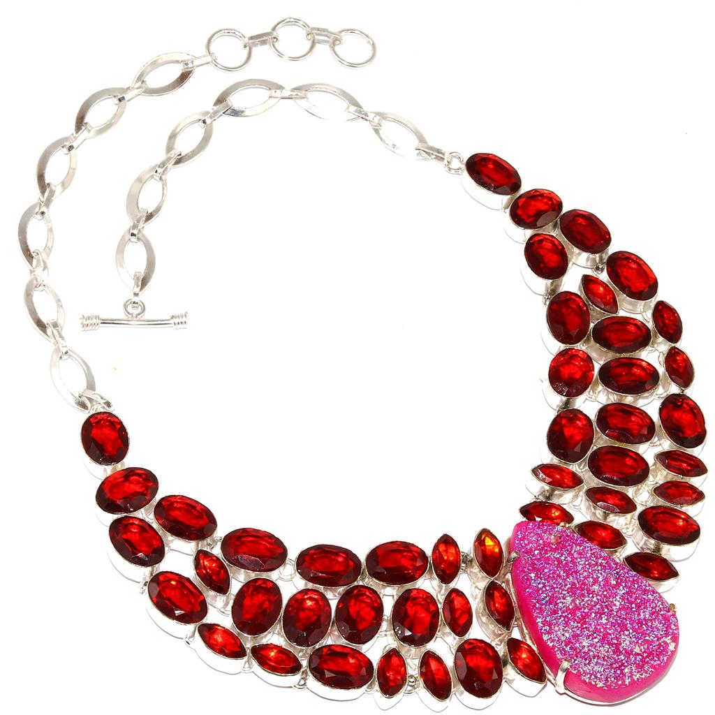 Pink Sunshine Desert Drusy Garnet Jewelry Necklace 16-18''
