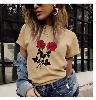 Crew Neck Short Sleeve Red Rose Print T Shirt Women's Outfits Casual Streetwear Fashion Lady Loose Clothing Woman T-shirts Tops