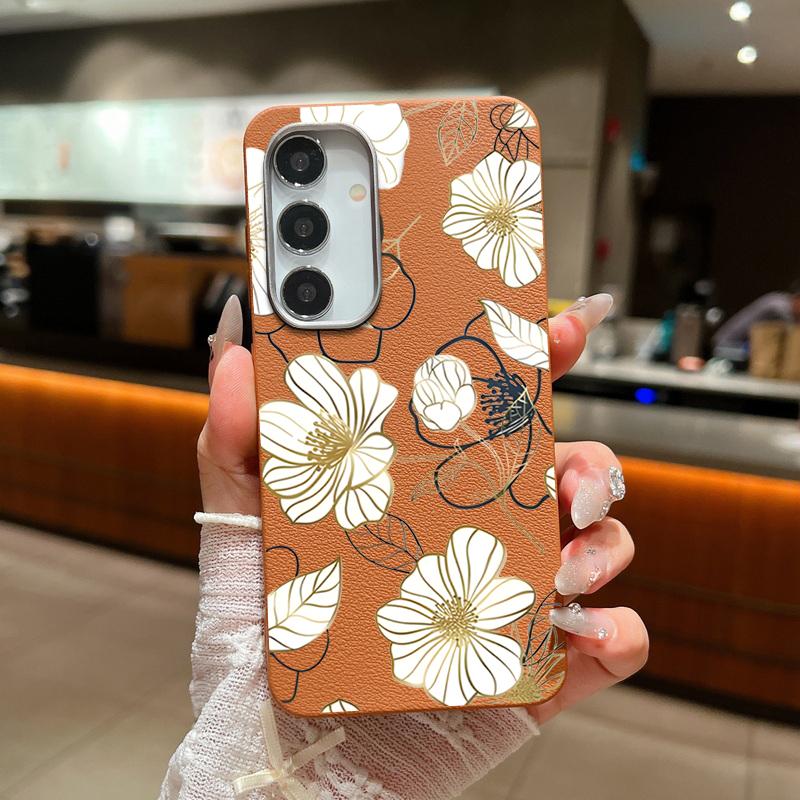 Blumendruck Matte TPU Leder Textur Handyhülle für Samsung S25 Ultra S24 FE S23 S22 S21 A56 A36 A16 A15 A55 A35 Schlanke stoßfeste weiche Rückseite