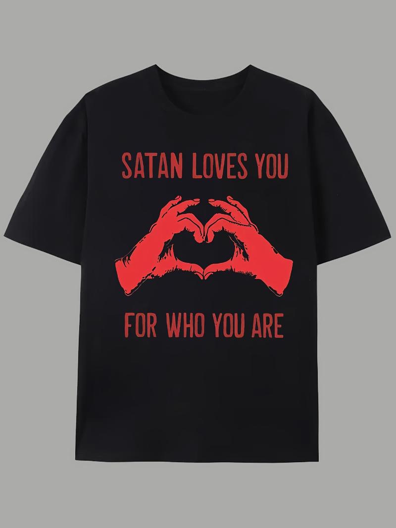 

Satan Loves You Gothic Tshirt Black and Red Devils Love Hand with Satan Ritual Text Print unisex short sleeved Tshirt 4XL