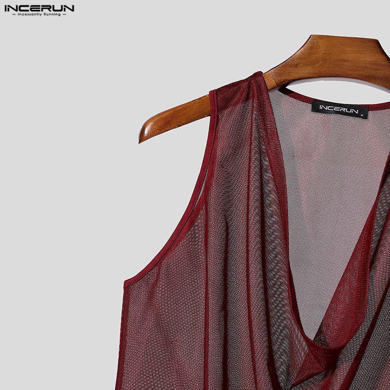 Summer Swing Neck Incerun Men Sleeveless Hollow Out Loose Beach Holiday Tank Tops