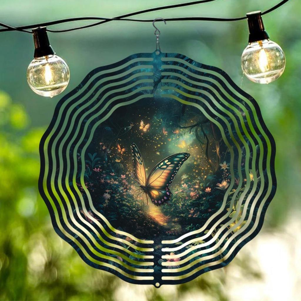 2D Metal Wind Spinner Enchanted Forest Butterfly Glowing Lights Outdoor Decor for Garden Patio Yard No Electricity Needed Gift for Men Women