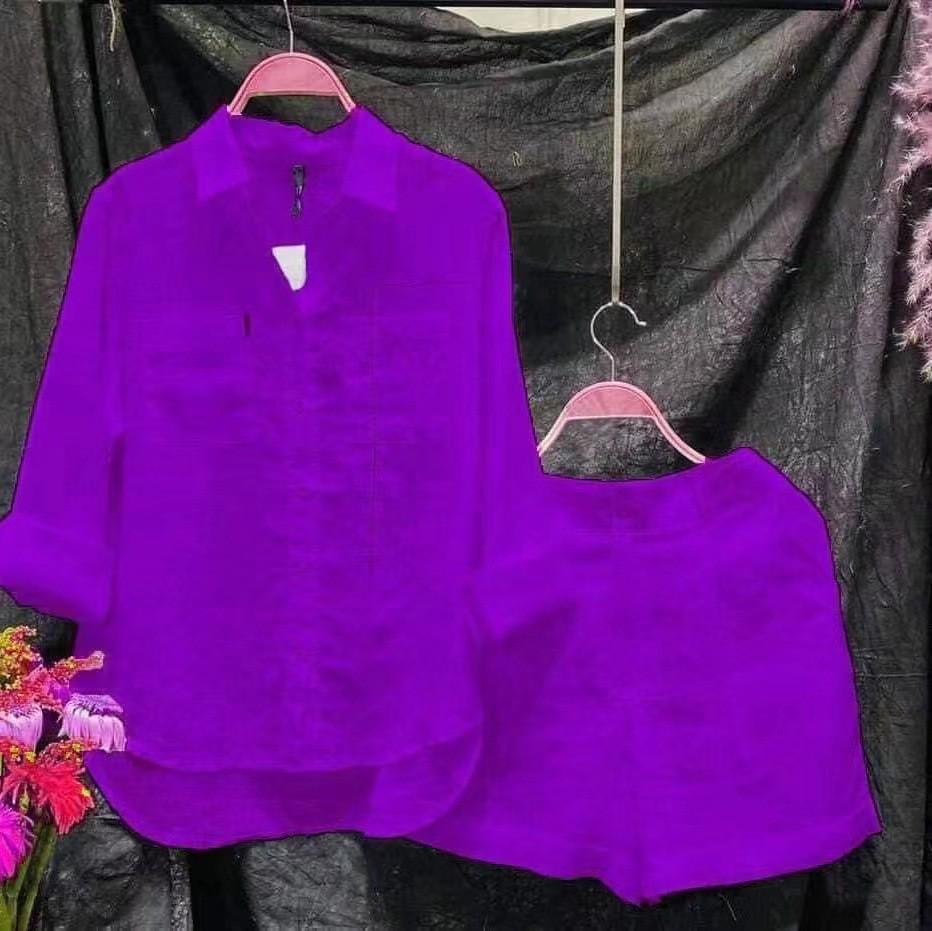 2023 Summer Women's Cotton Linen Long Sleeve Cardigan Two-Piece Set