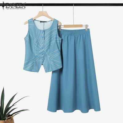 Women Print Tank Tops and Long Skirts Summer Two Piece Suit Sets