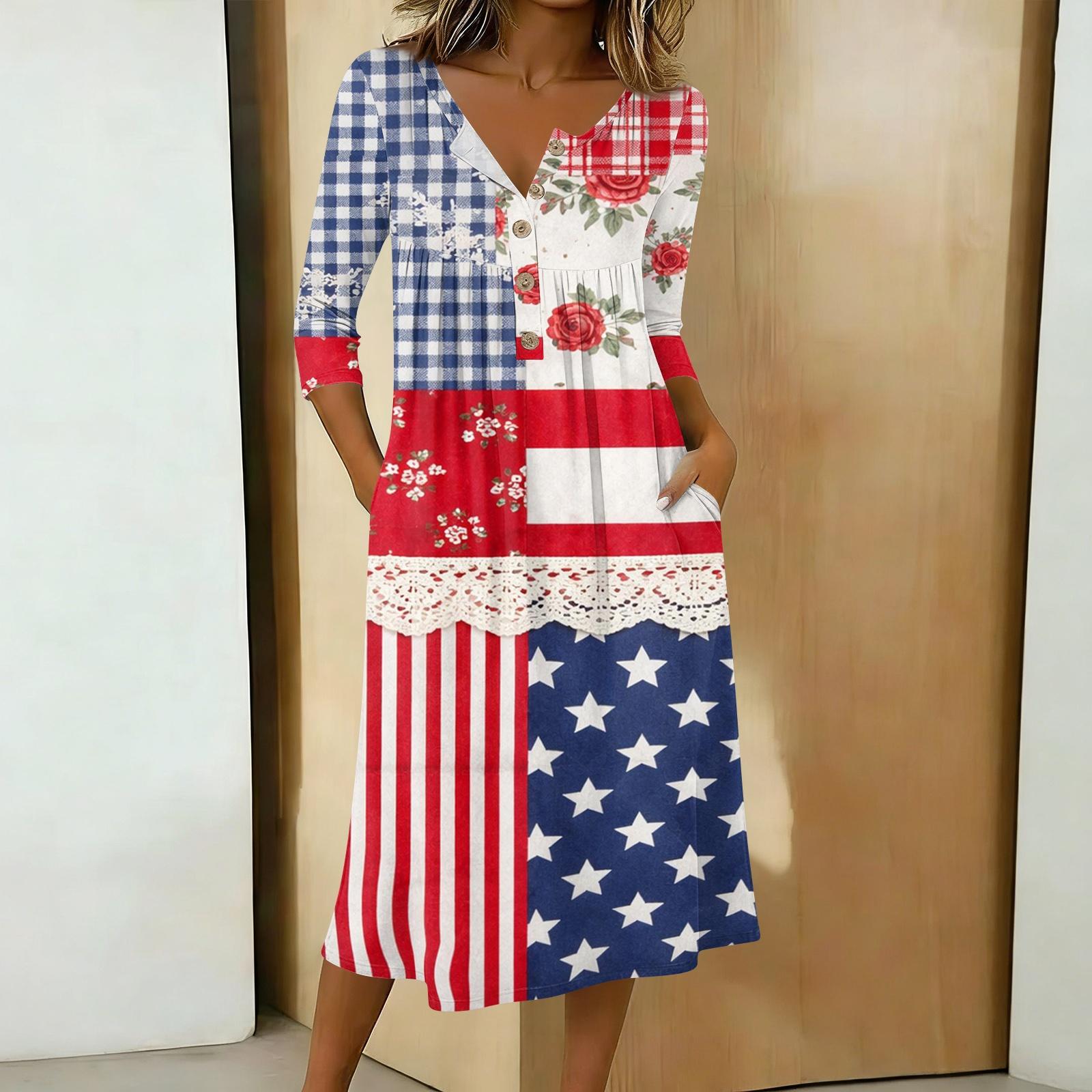 

Womens V Neck Patchwork Midi Dress 3/4 Sleeve Lace 4th of july dress independence day dress Casual Loose Fit XL кавун червоний колір
