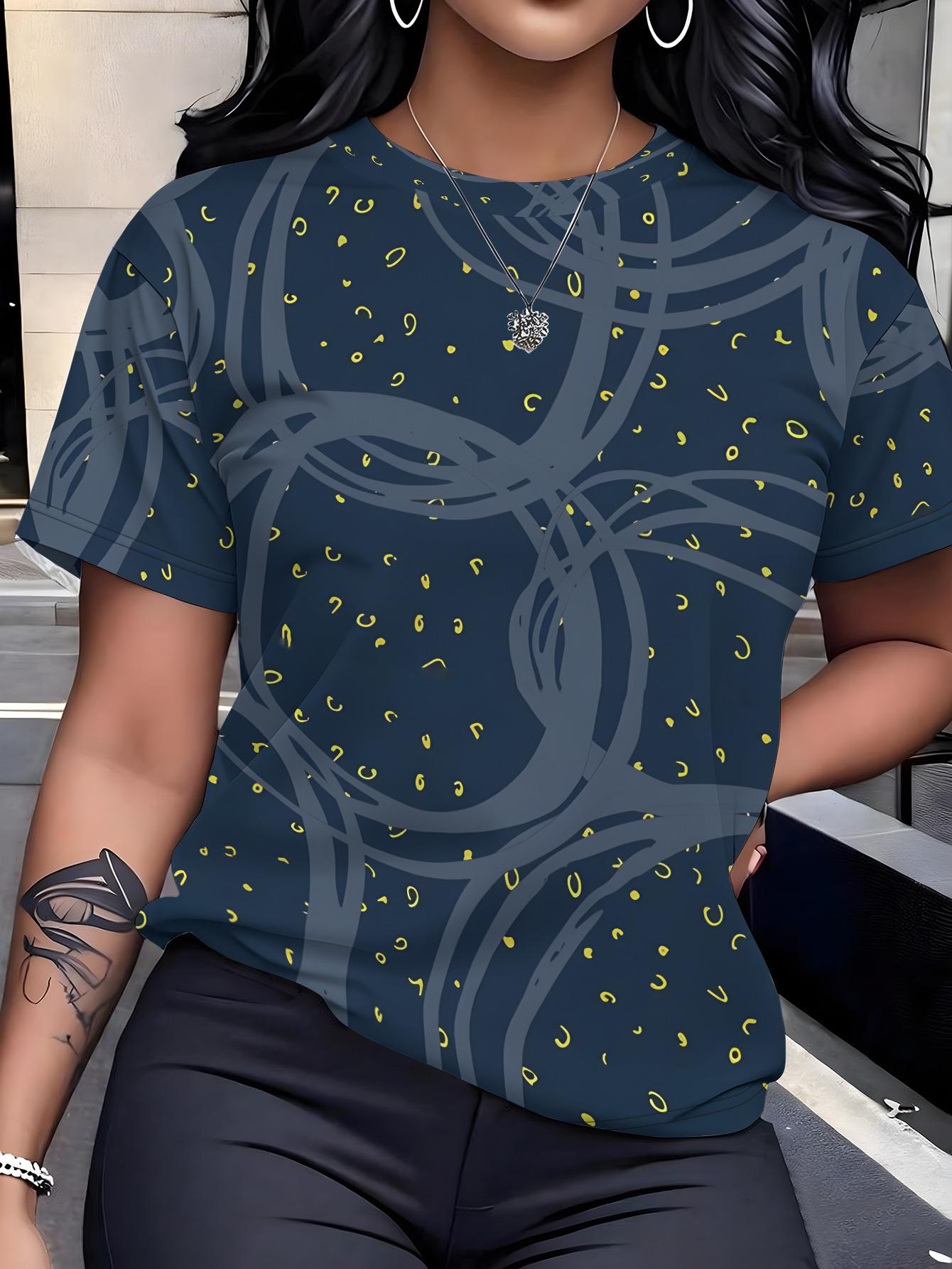 

[Printed Design-Not Textured] Navy Base Gray Yellow Abstract Line Print Women S Round Neck Short Sleeve. Independence Day Exclusive Outfit Atmosphere XL дубильная кора