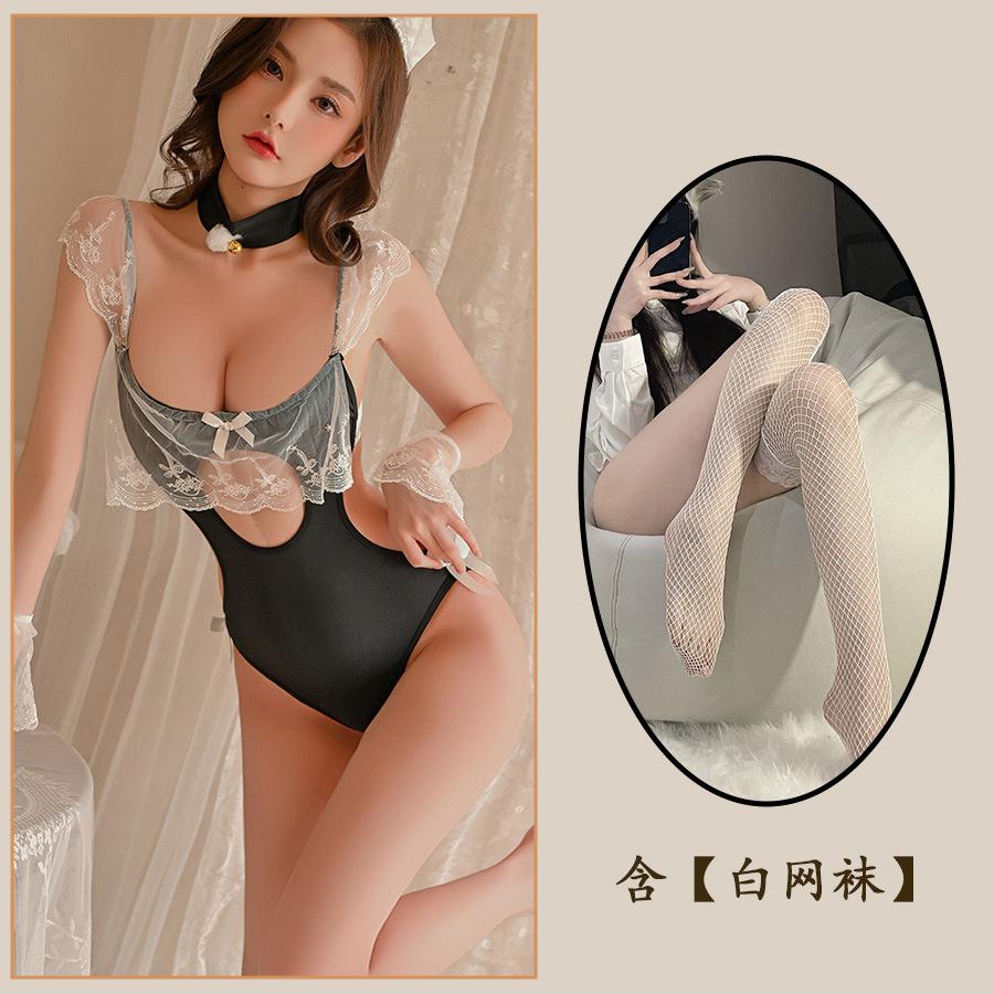 Sexy Lingerie Lace Lotus Leaf Pure Lust Maid Cute Onesie Maid Crotch Passion Uniform Tights