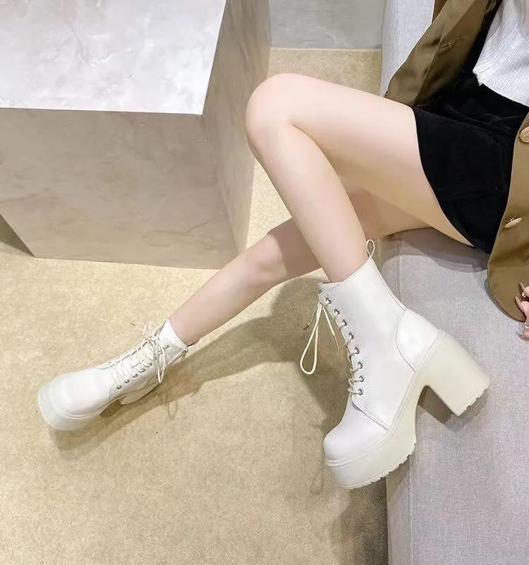 Fashion Round Toe Thi Heel  Boots Women's High Heel Waterproof Platform Ort Boots Small Size Retro White Soft Leather Boots