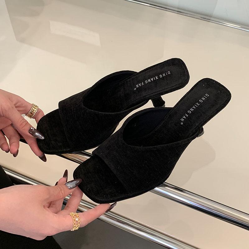 

Fashion Fashion Flock Ladies Medium Heels Sandals Shoes Square Toe Footwear Elegant Women Heeled Sandals Shoes Female Slides Pumps 35 чёрный