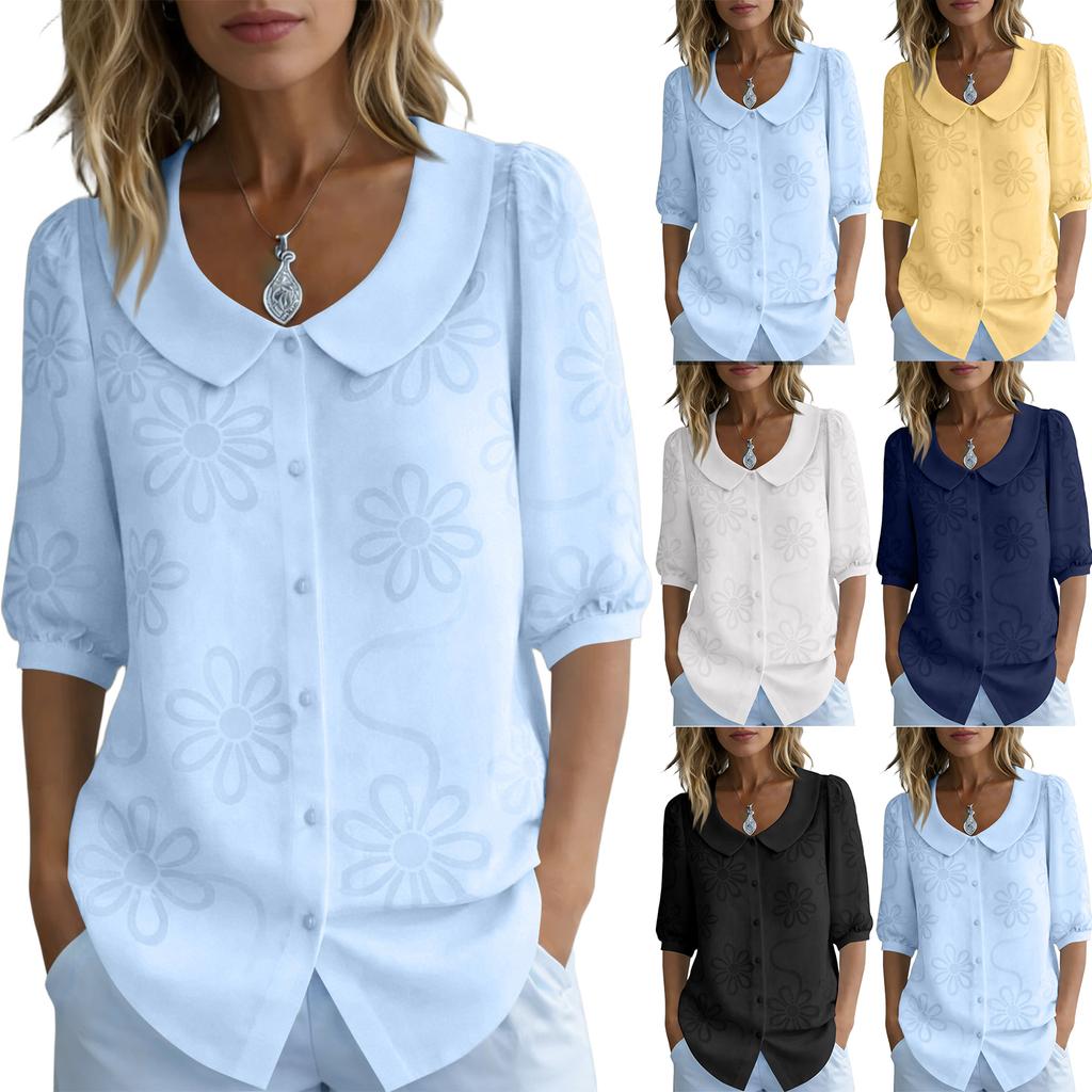 Camicia Casual da Donna con Ricami e Collo a Bambola
