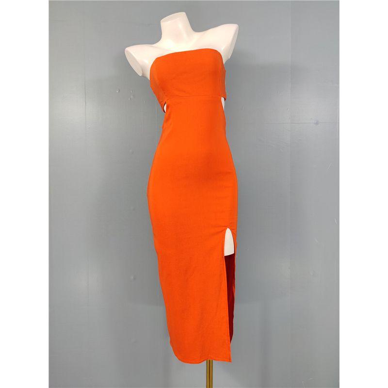 

Export Single F Home Spaghetti Straps Chest Wrap Sexy Midriff Outfit Slim Looking Elegant Elegance Beautiful Sheath Split Sexy Dress Orange shoulder strap M