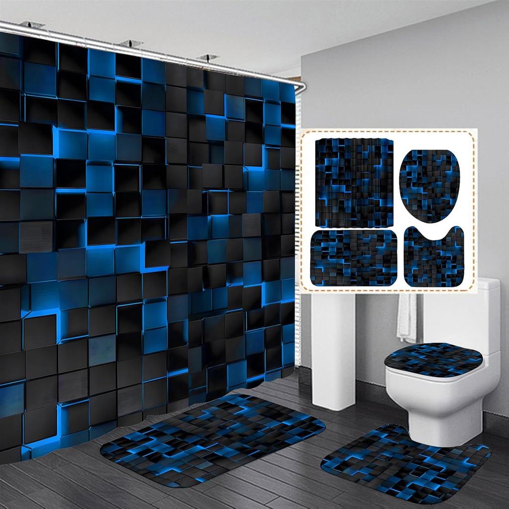 4Pcs Black Marble Shower Curtain Sets with Rugs Gold Bathroom Sets with Shower Curtain and Toilet Lid Cover Modern Bathroom Deco