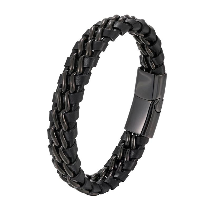 Popular Jewelry, Minimalist Style, Double Titanium Steel Chain, Genuine Leather Bracelet, Retro Punk Men's Woven Leather Rope, Geometric Lines