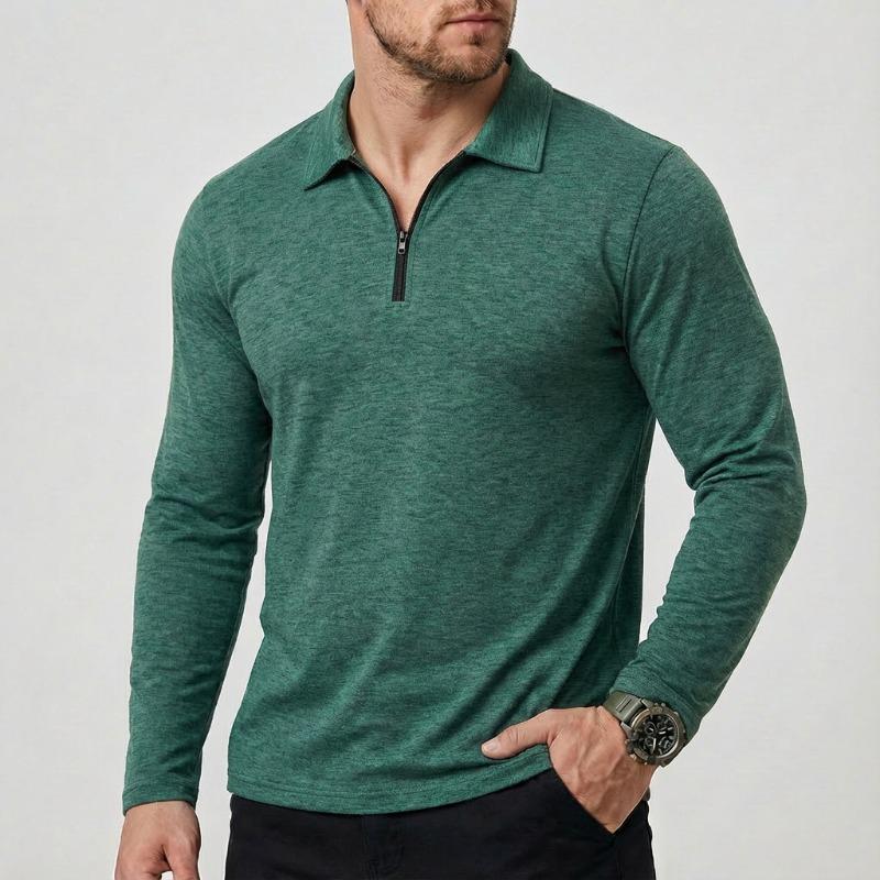 Men Turn Down Collar Half Zip Long Sleeve Polo Shirt Slim Fit Solid Casual Business Tops