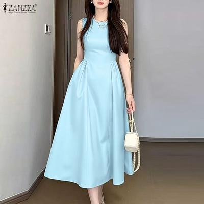 Elegancka damska sukienka codzienna z okrągłym dekoltem, bez rękawów