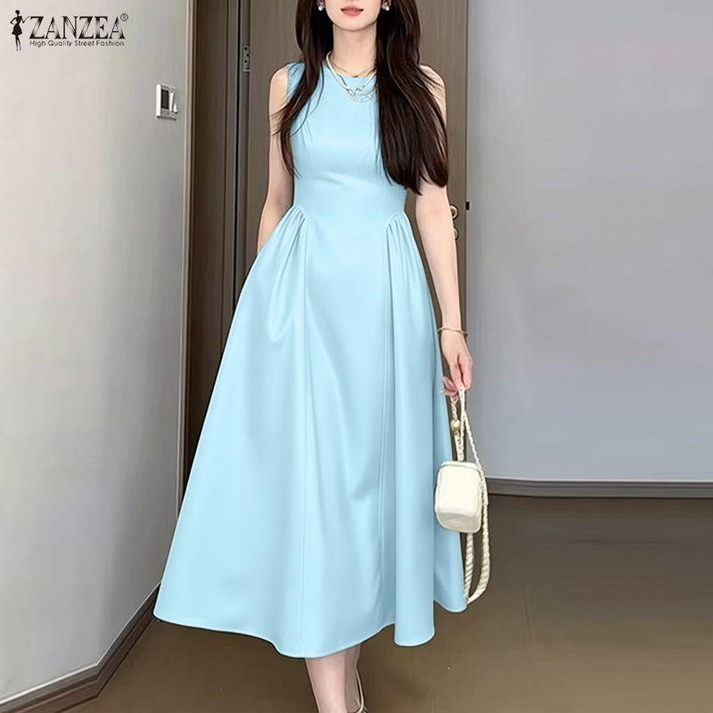 ZANZEA Women Elegant Casual Round Neck Sleeveless Dress