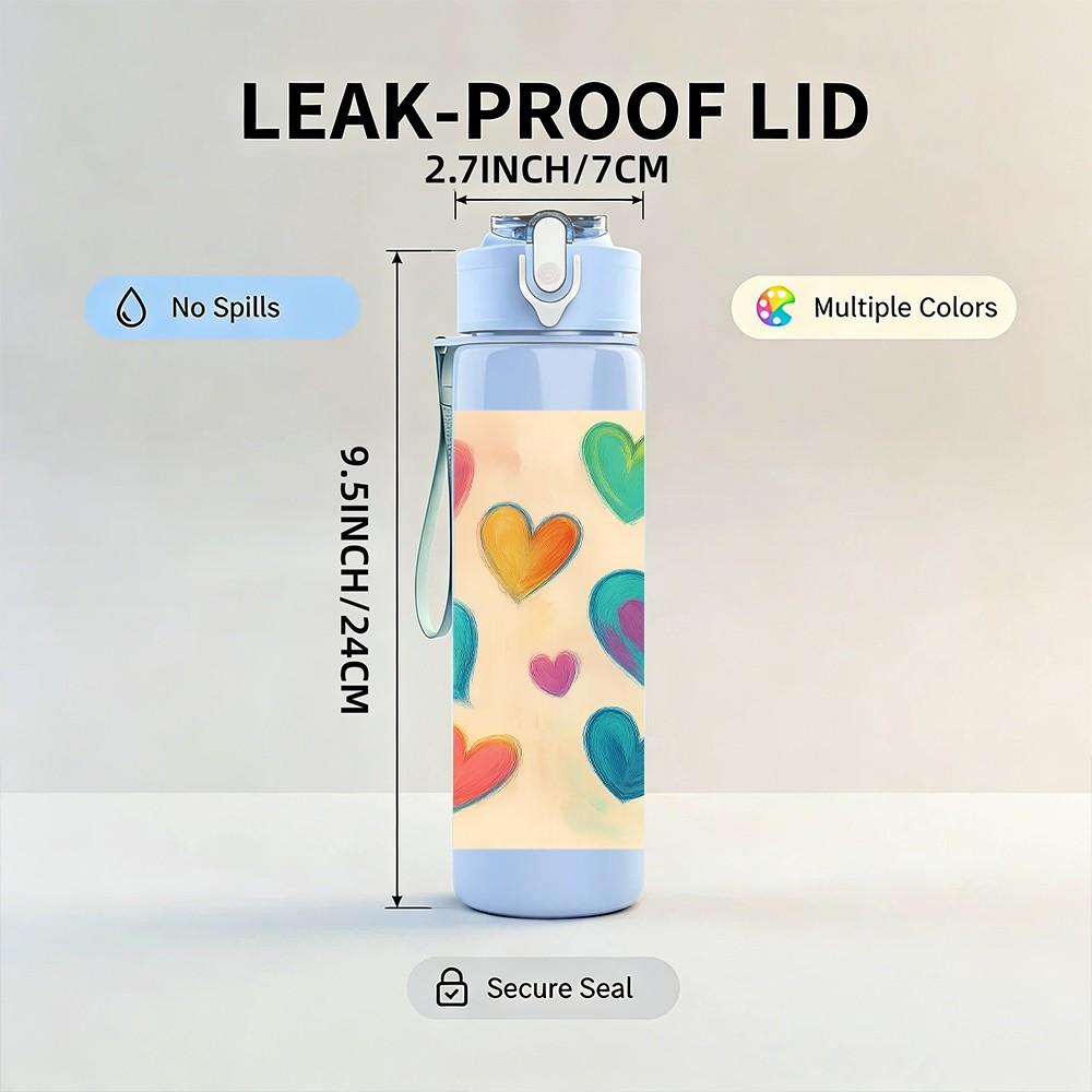 1PC Multicolored Hearts Pattern 750ml Color Plastic Sports Water Bottle Leakproof Flip Straw Lid Suitable for Sports Office Home Use