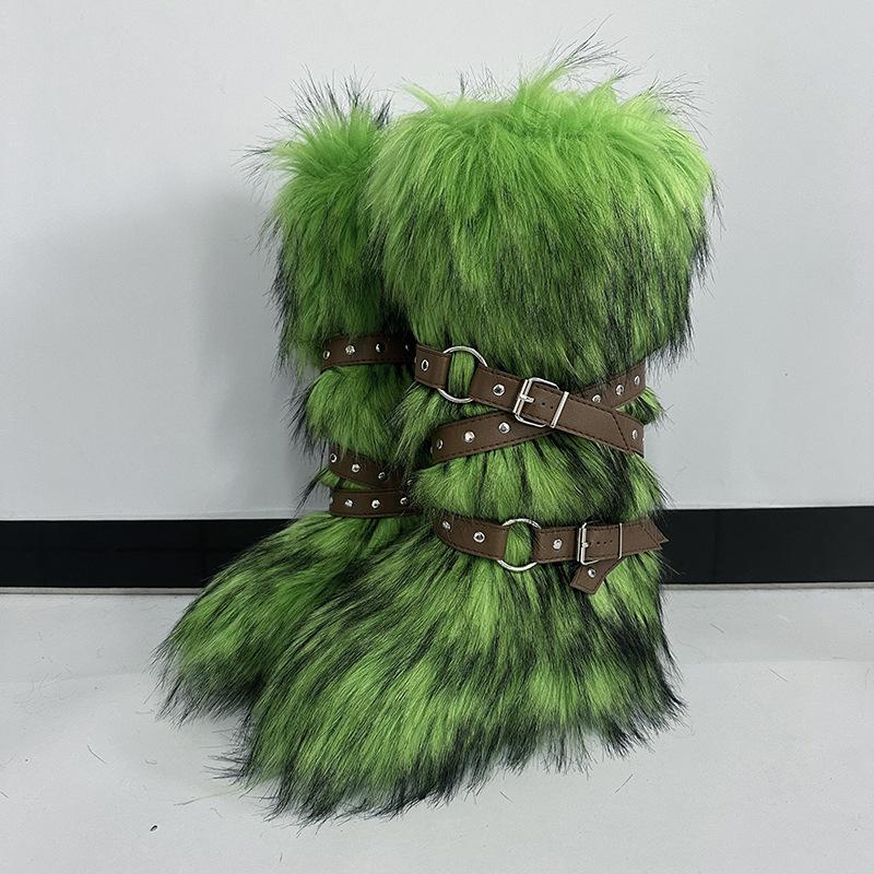 Damen Winterimitat Fuchsfell Stiefel Gürtel Punk Europäisch und Amerikanisch hoher Schaft 40 langer Schaft Schneestiefel Schuhe