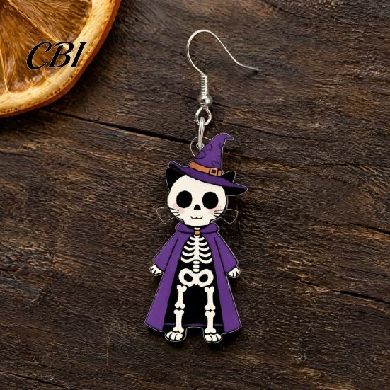 Cute Skeleton Earrings 1 Pair Halloween Cat Drop Dangle for Women, Acrylic Witch Hat Skull Hoop Earring, Theme Jewelry Gift Sweet Cool