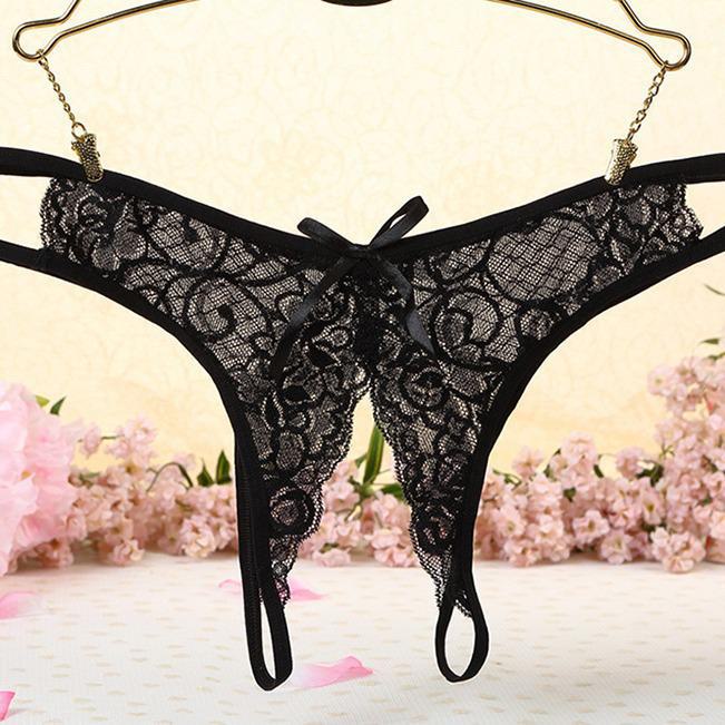 Koreańskie koronkowe przezroczyste stringi bez krocza: Seksowne, niskie w pasie, przewiewne, urocze siateczki z kokardką.