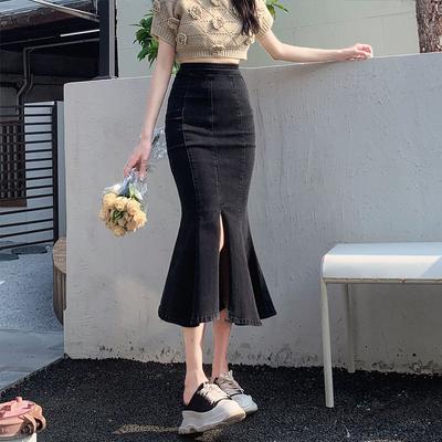 Stretch Damen Jahres Sommer High Waist Open Package Hüfte A-Linien Rock Dünner Slim Meerjungfrauenrock Vielseitig Bequem Mode Denim Bustierrock