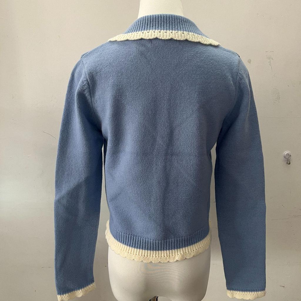 Bai Lu Blue Lace Trim Knit Cardigan: Autumn/Winter Soft, Cozy, Trendy Sweater