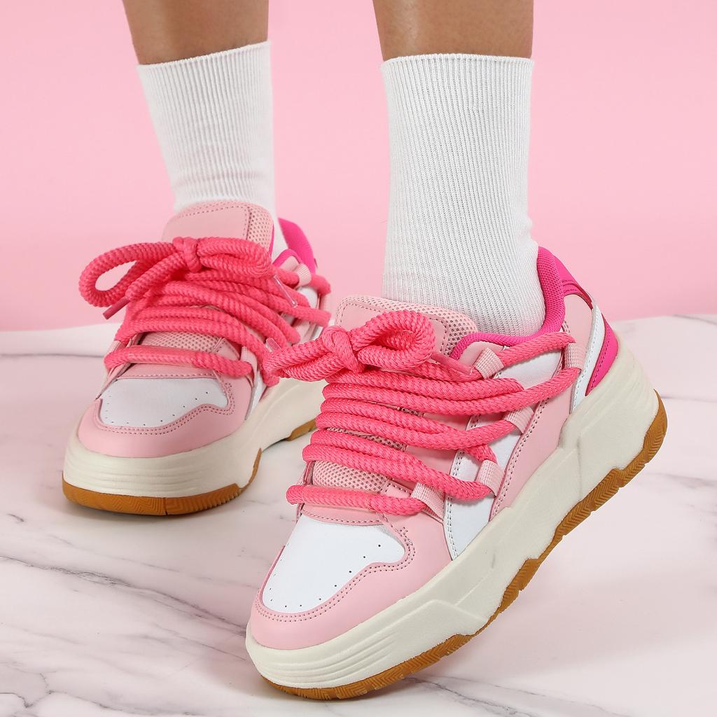 Fashion Platform Sneakers Women Chunky Shoes PU Leather Casual Shoes Ins Board Shoes Lace-up Outdoor Walking Footwear