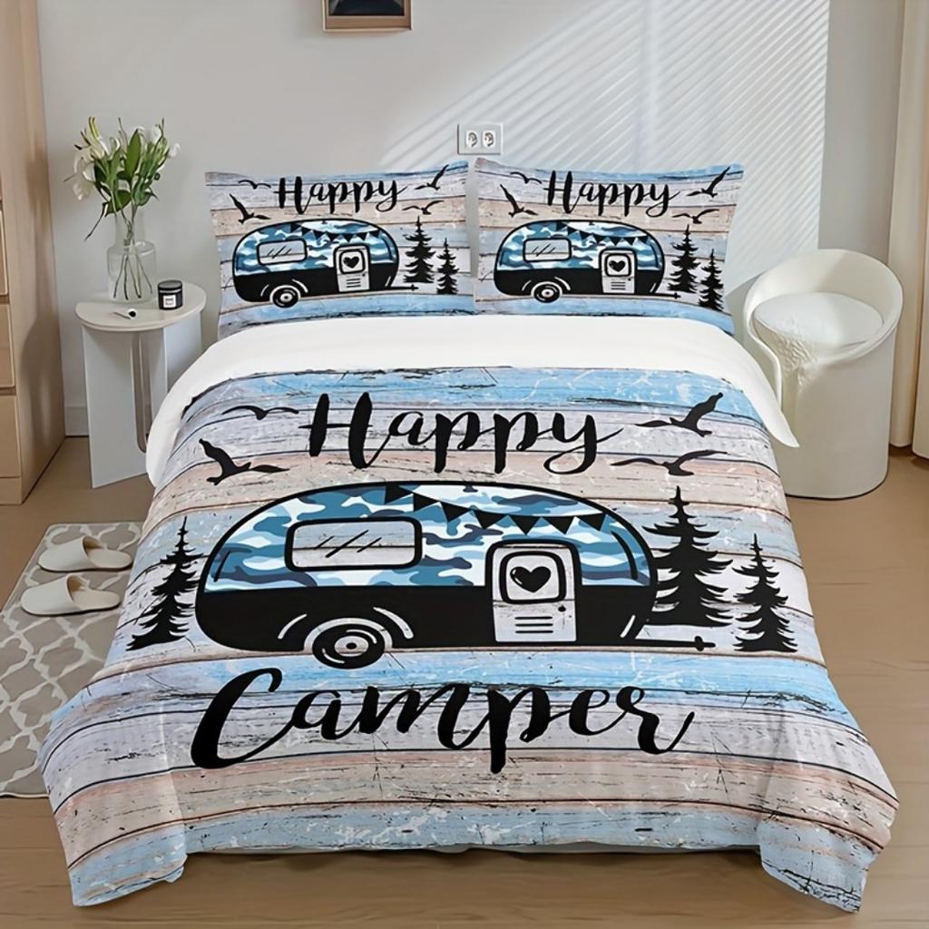 3pcs Blue Happy Camping Winnebago 3D Printed Bedding Set Cozy Duvet Cover King Queen Twin Size Birthday Gift Bedroom Decoration