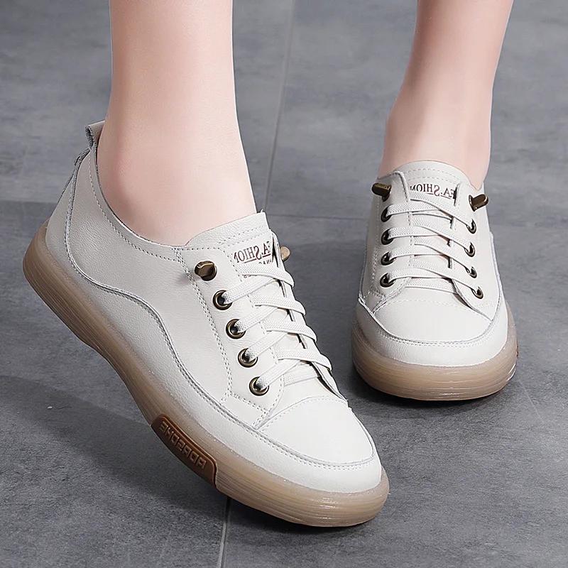 

Fashion Genuine Leather Women Soft Sole Walking Shoes Summer Student Jooging Sneaker Casual White Black Flats Female Skate Trainers 35