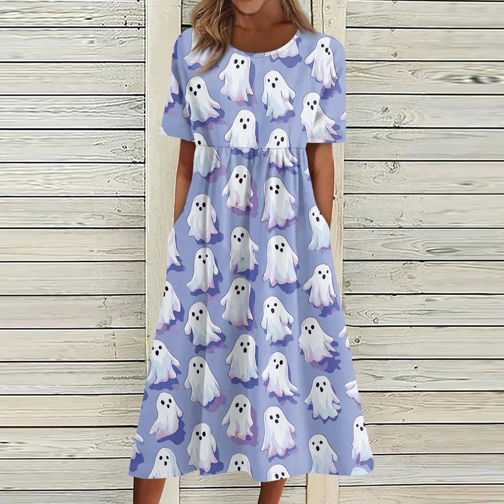 Summer Dress For Women Casual Printed Short-Sleeve Beach Swing Dress