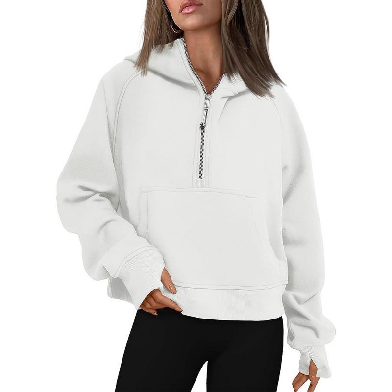 Autumn and Winter Zipper Casual Loose Hoodies Women Tops Fashion Solid Long Sleeve Crop Sweatshirts Women Pocket Simple Office Ladies Hooded 25179