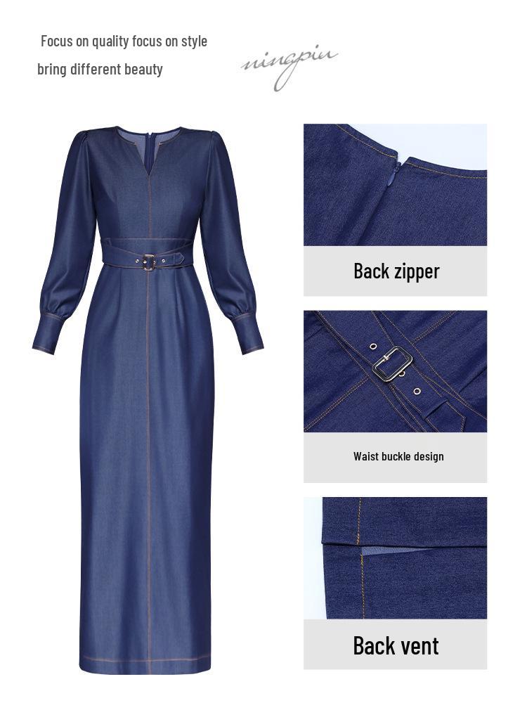 2026 Spring Women's Long Sleeve Elegant Denim Slit Dress
