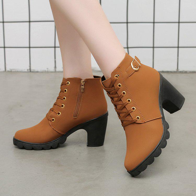 Women's Autumn High-Heeled Boots: Short, Thick-Heeled, Round-Toe Martin Style with Belt Buckles and Lace-Up Design
