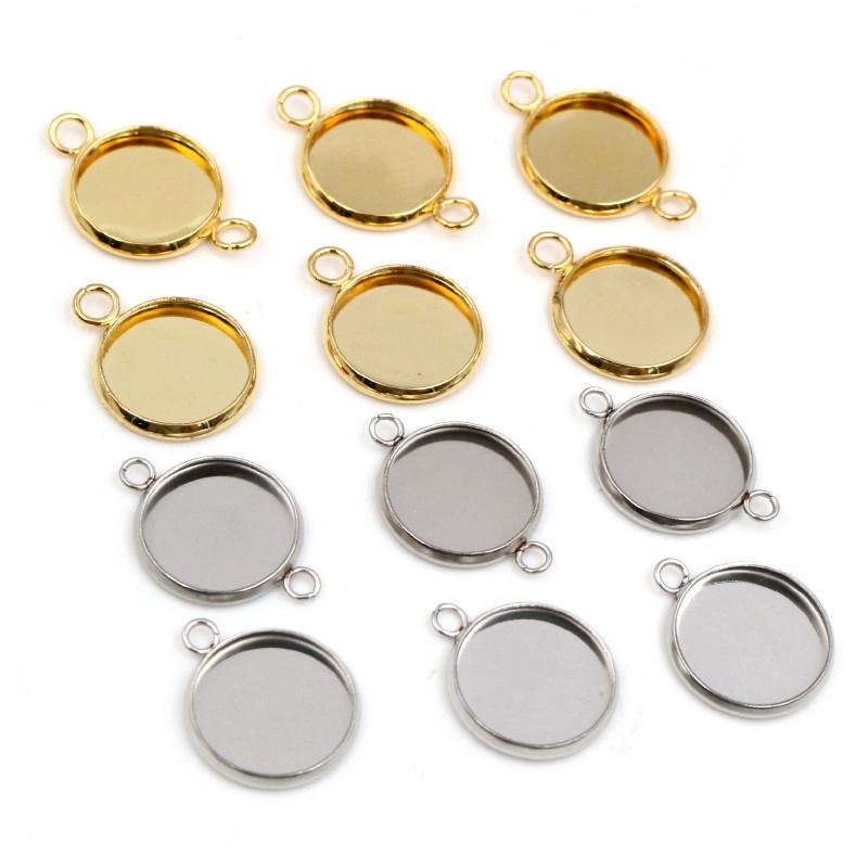 New 20pcs 12mm Inner Size Stainless Steel Gold Plated Single/Double Loop Style Cabochon Base Cameo Setting Charms Pendant Tray