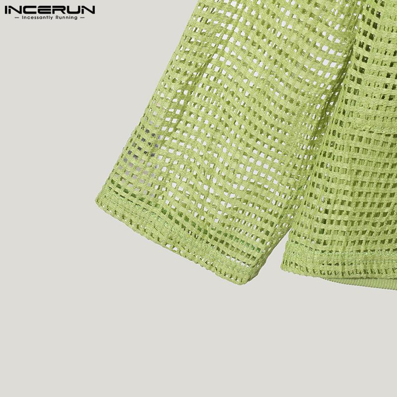 INCERUN Herren Revers Hals Langarm Hohl Tops Casual Durchsichtige Knöpfe Taschen Hemden