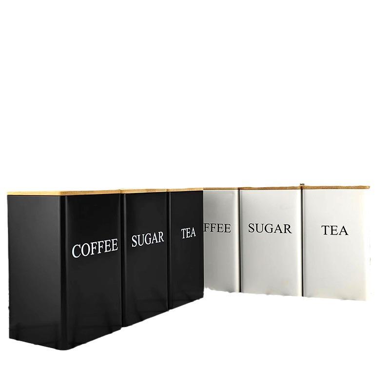 Bamboo Lid Square Metal Storage Tin for Coffee, Sugar, Tea - European American Style