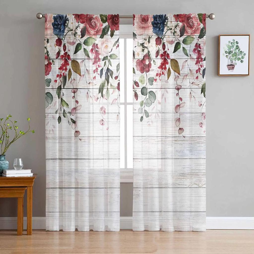 Rose Flower Leaves Tulle Curtains For Living Room Sheer Curtain For Bedroom Kitchen Blinds Voile Curtains