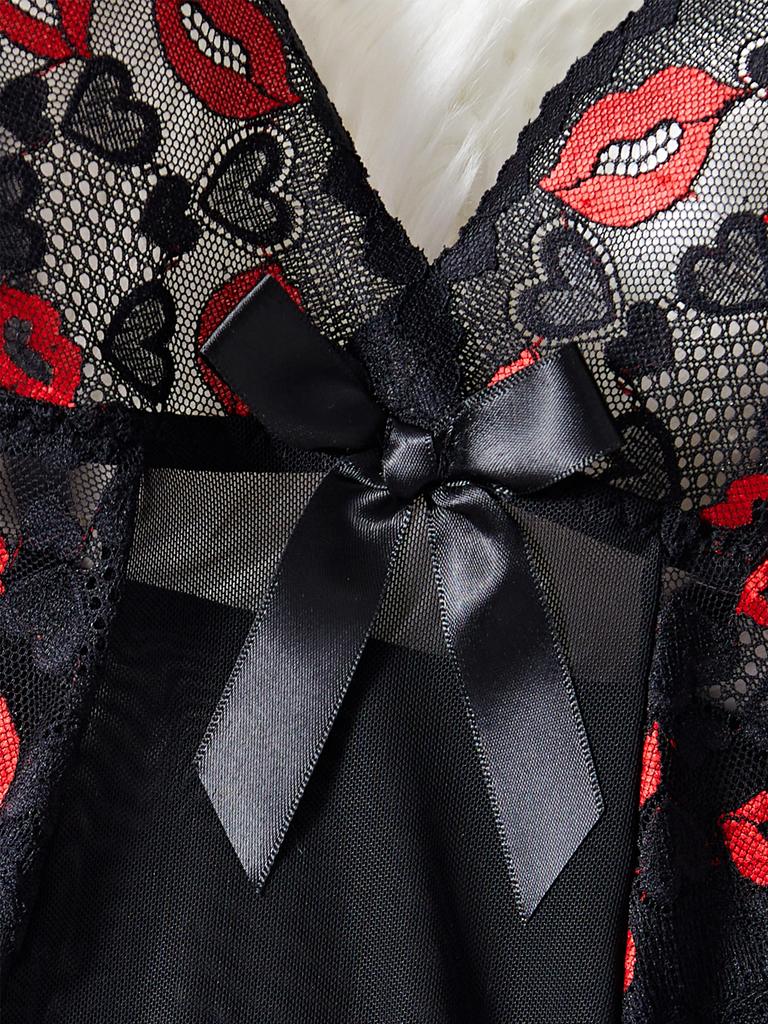 Transparent Lace Strappy Nightgown Red Lips Sleepdress And Pants Sets Sexy Adult Erotic Lingerie Cosplay Pajamas Womens Dresses