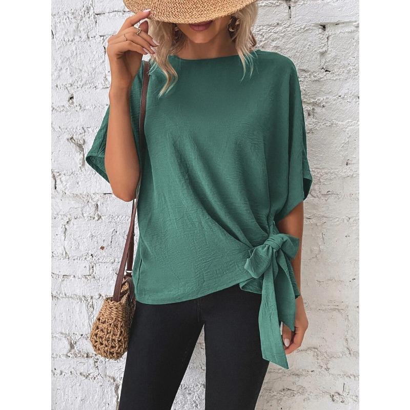 Damen Sommer T-Shirt Einfarbig Fledermausärmel Saum Knoten Lose Kurzarm Top