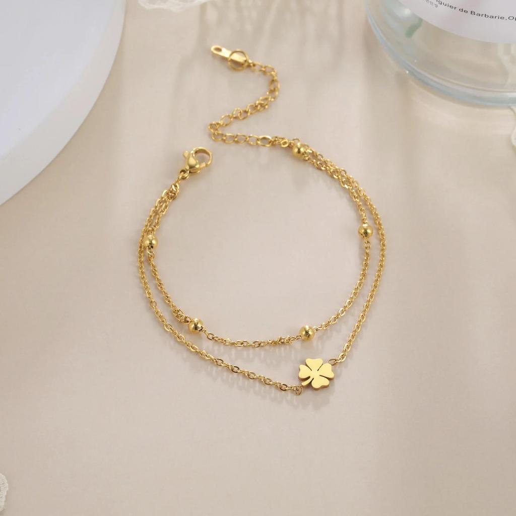 A Light Luxury and High-end Four Leaf Clover Double-layer Bracelet, Adorned with Lucky Grass Bracelets and Beads, A Versatile Accessory