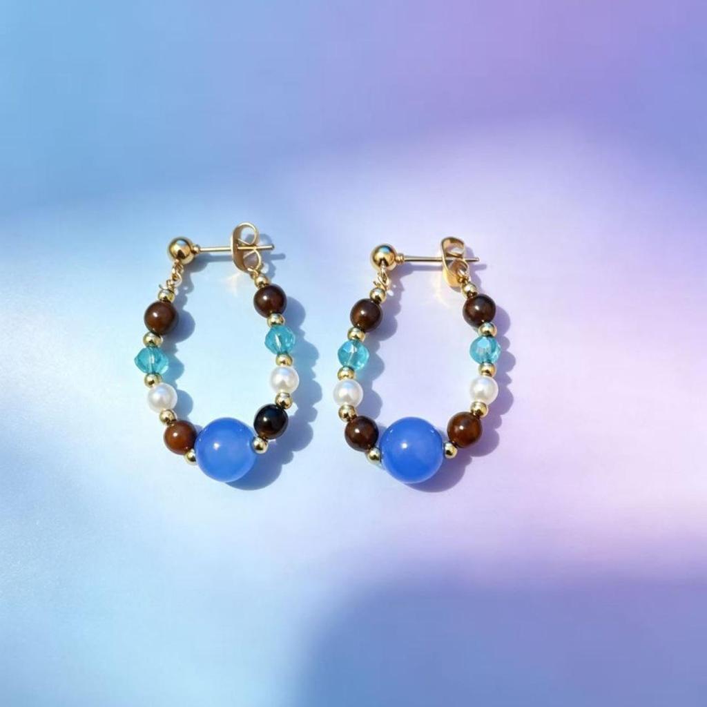 Luxurious Retro Tiger Eye & Blue Pearl Stud Earrings for Women