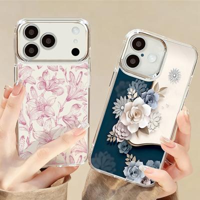 Romantic Rose Flower Pattern Case For iPhone 17 Pro Max iPhone 16 15 14 13 Pro Max 11 17e 16e Plating Lens Frame Clear Soft Silicone Back Cover