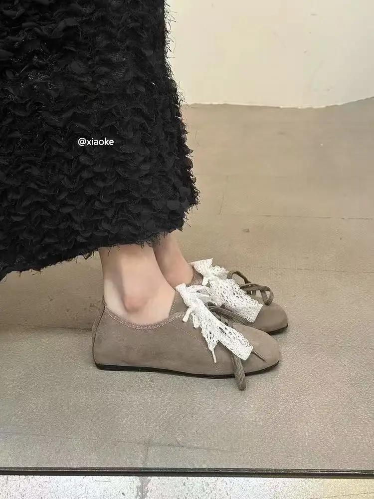 Women's Flat Shoes Bow Tie Lace Suede Ladies Shoes Versatile Comfortable Square Toe Spring and Autumn New Zapatillas De Mujer
