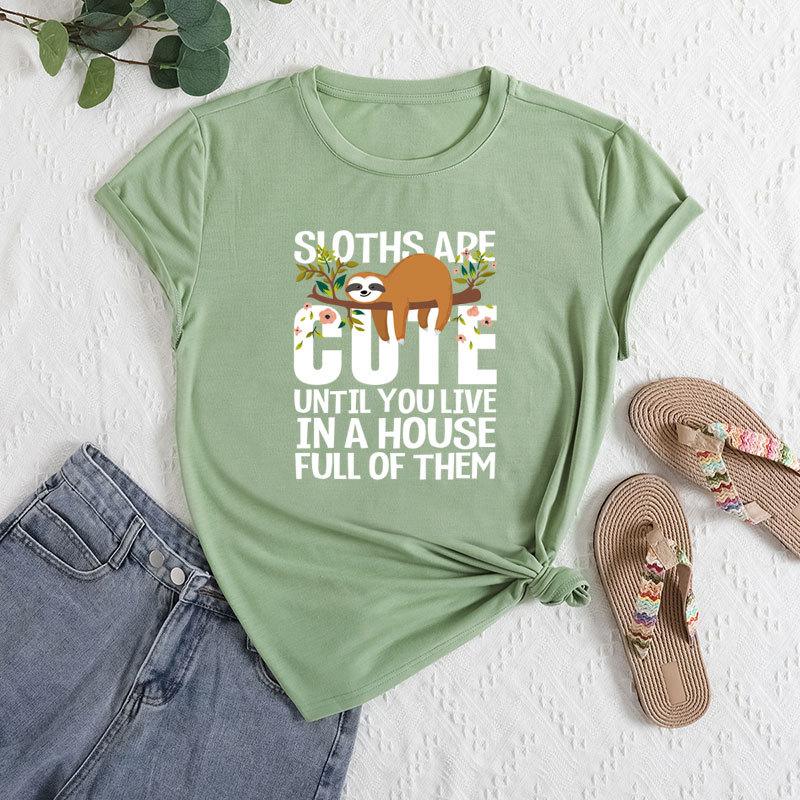 Summer Women's Fashionable Letter Sloth Short Sleeved Casual Loose Cotton Round Neck Top