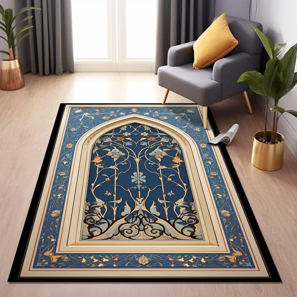 Islam Living Room Carpet Blue Luxury Decoration Home Rugs for Bedroom Soft Fluffy Flannel Carpet Anti-slip Large Area Pray Mat