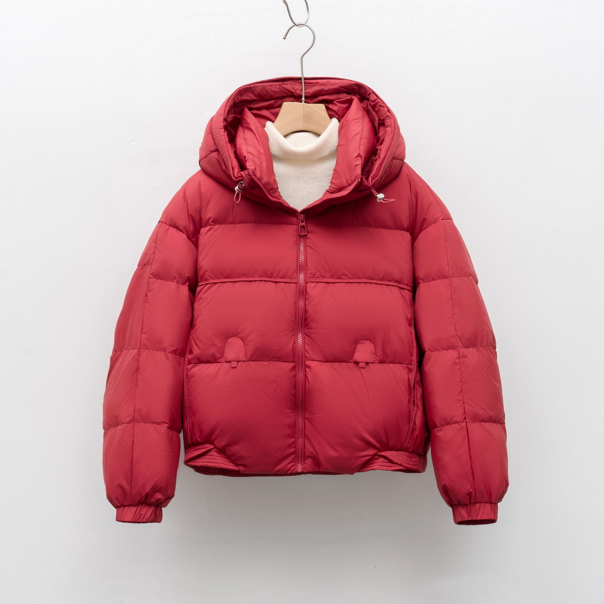 

Down hooded short winter simple small solid color duck down bread down jacket L червоний